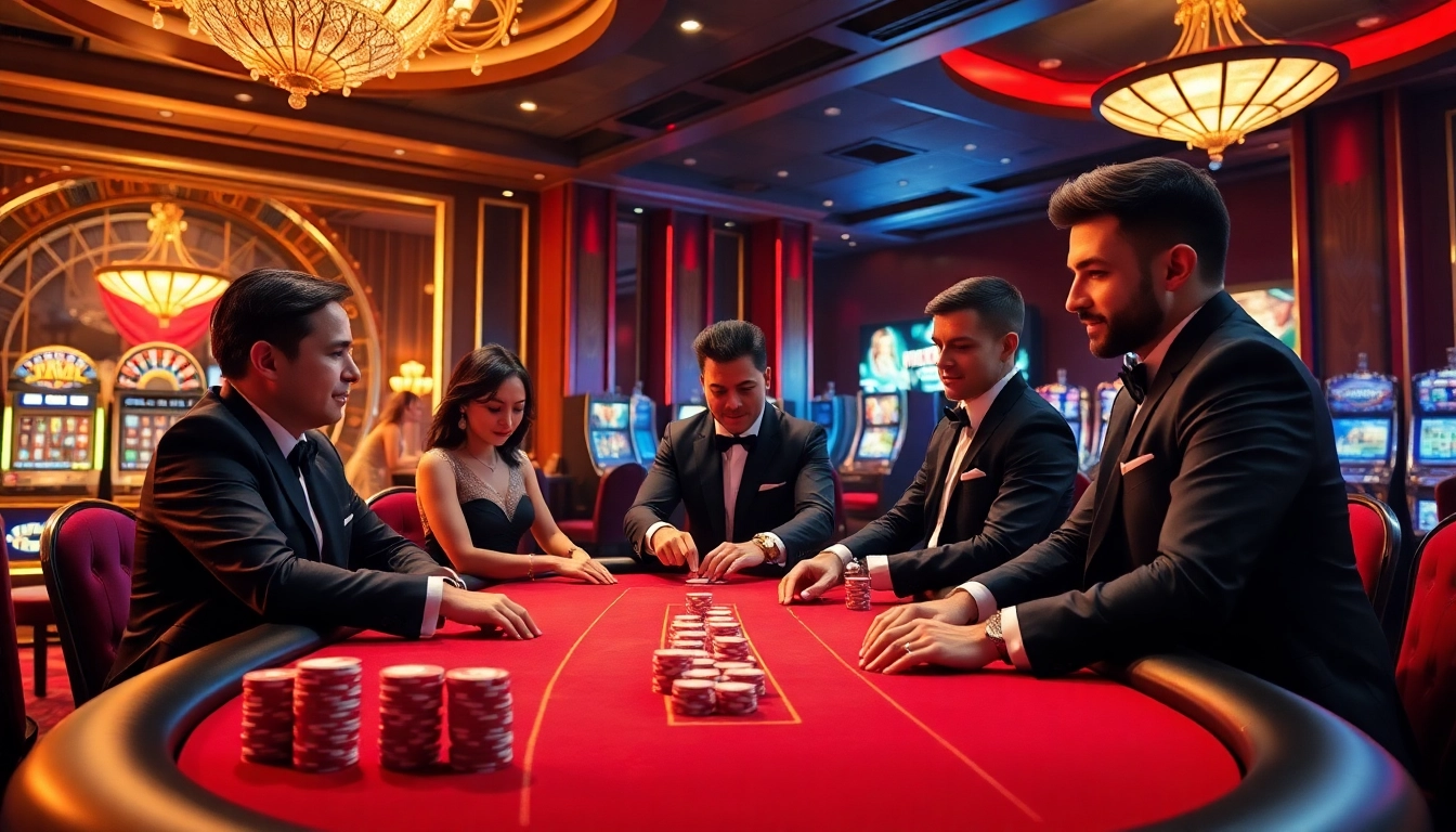 Engage in an intense mm 88 poker game with stylish players at a luxurious casino table.