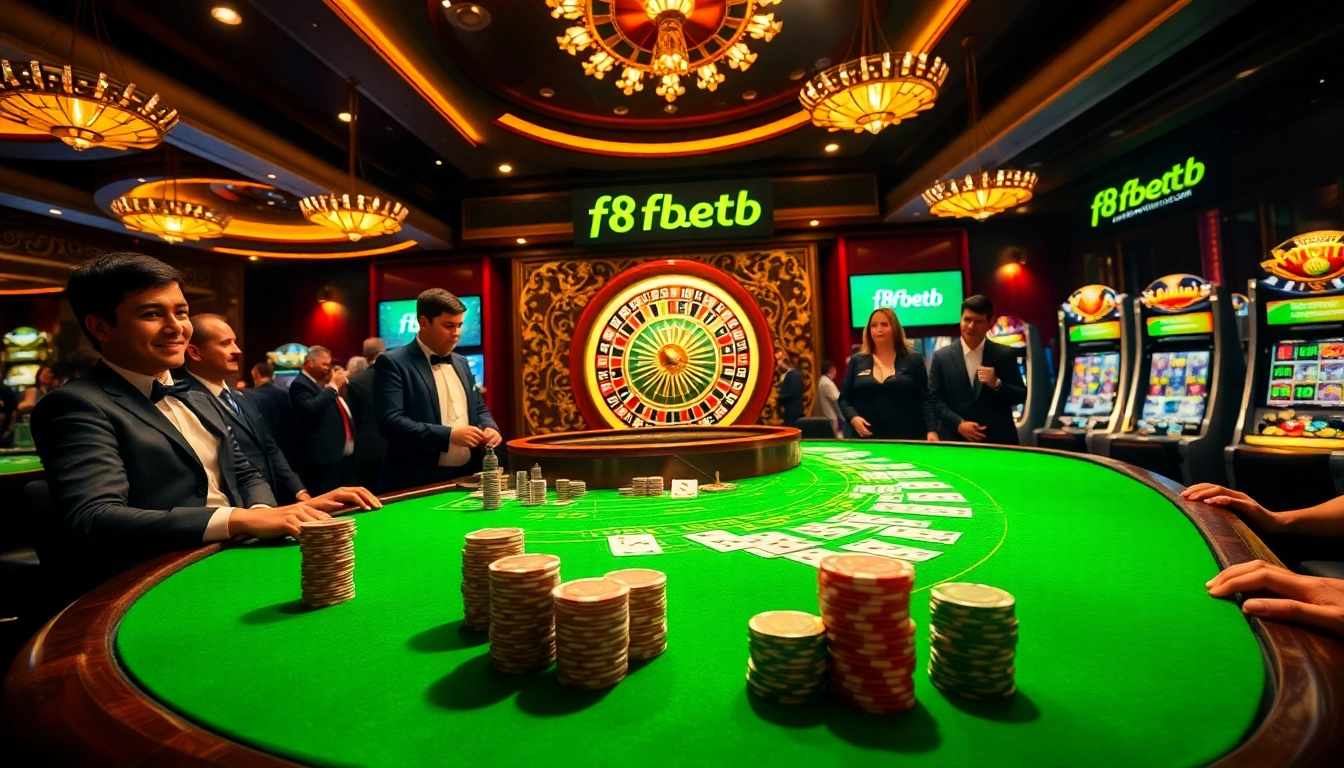 High-energy casino scene at https://f8betb1.com/ showcasing vibrant poker chips, cards, and an elegant roulette wheel.