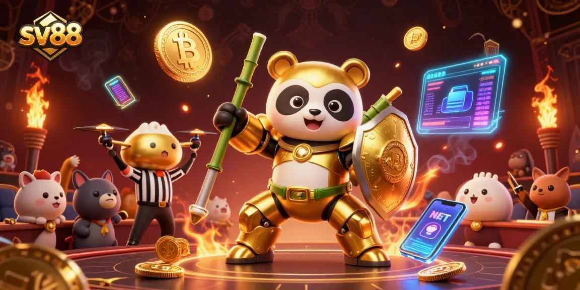 Experience thrilling gameplay at sv88 with a vibrant, dynamic casino arena featuring animated characters and cryptocurrency elements.