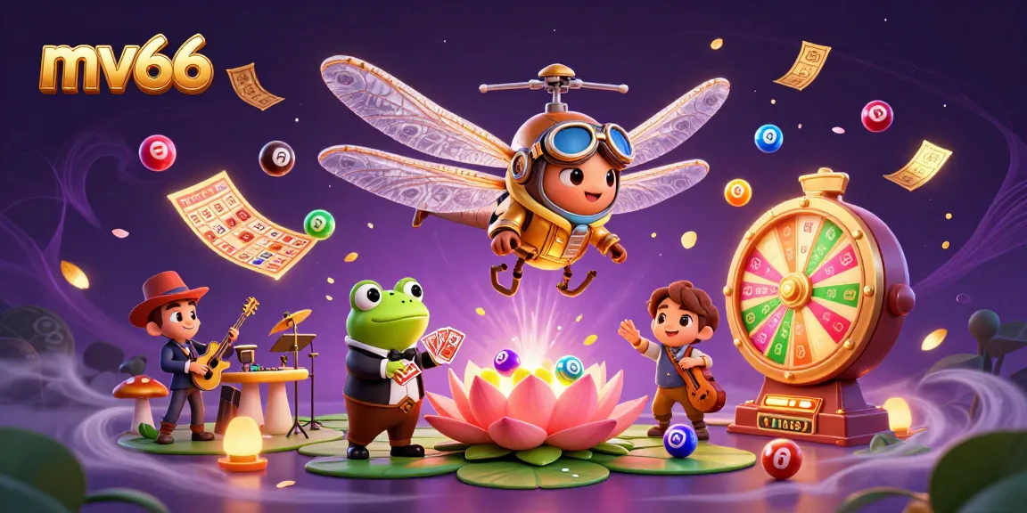 Experience thrilling gaming at mv66 with colorful lotto balls, a frog dealer, and a jazz band in a vibrant casino.