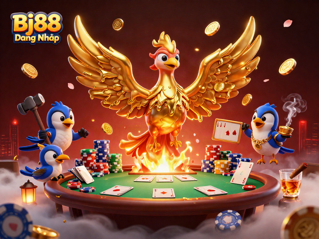 Engage with Bj88 Đăng Nhập at our dazzling online casino featuring a golden phoenix and poker elements.