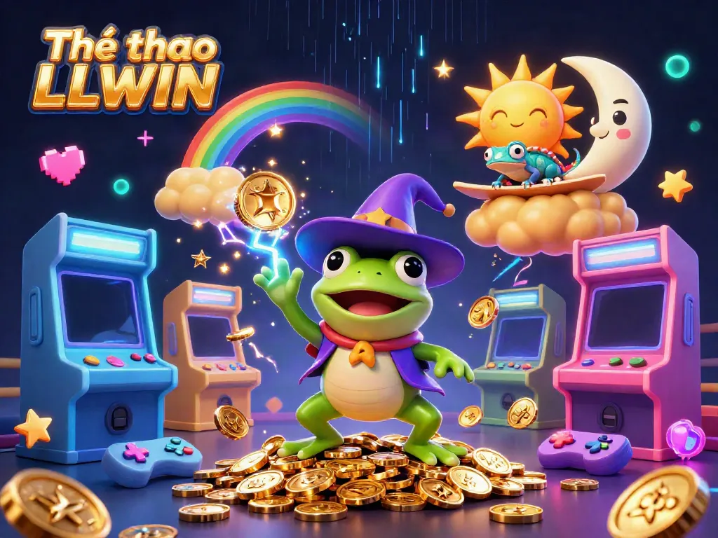 Bet on Thể thao LLWIN with exciting visuals of golden coins and sports elements in a 3D whimsical scene.