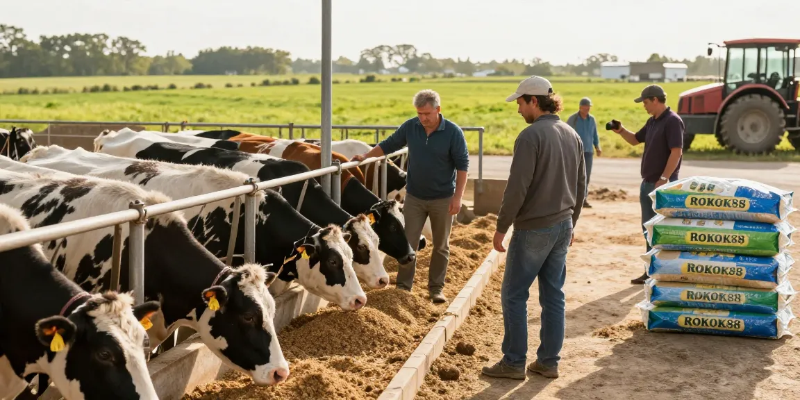 Farmers using ROKOK88 animal feed to enhance livestock nutrition and productivity