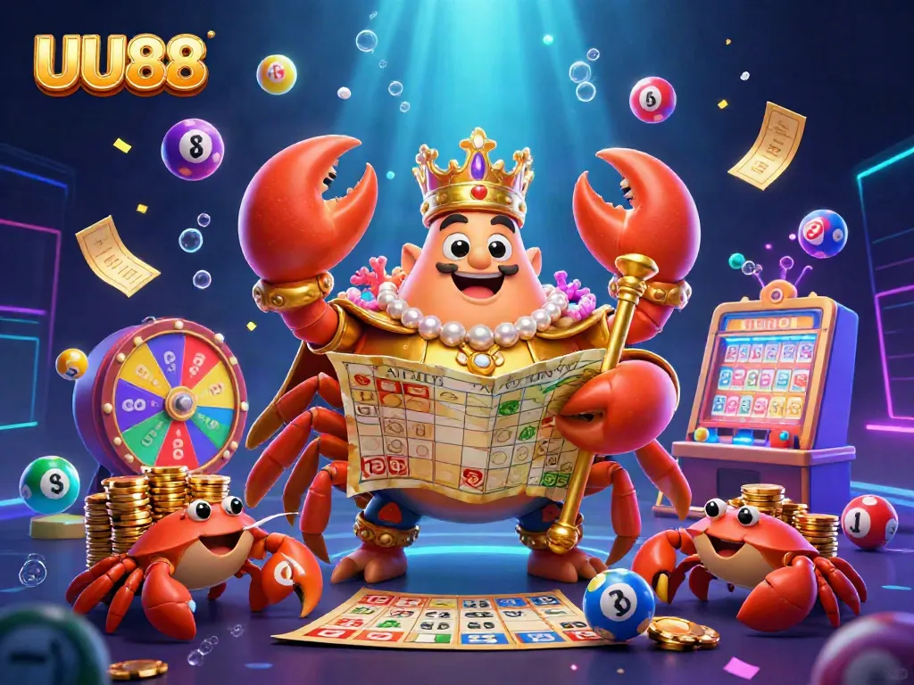 UU88 attracts players with a vibrant casino scene featuring a golden crab emperor and energetic lottery elements.
