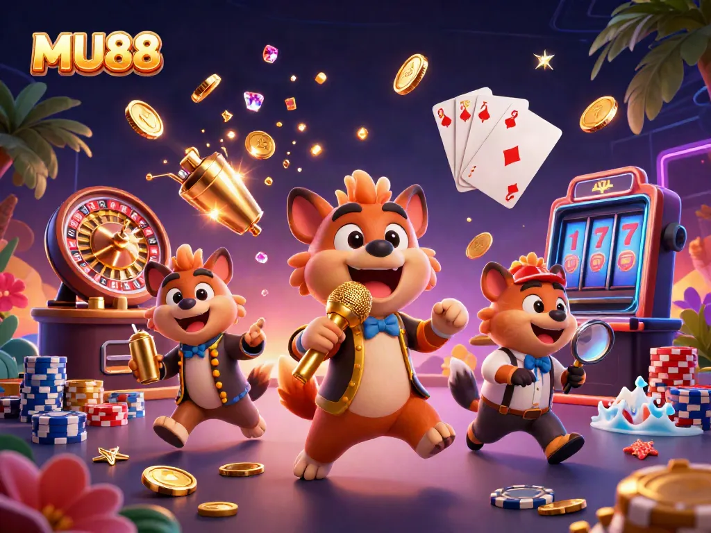Experience exciting games at MU88 with a lively hyena comedy casino club scene, featuring vibrant elements.