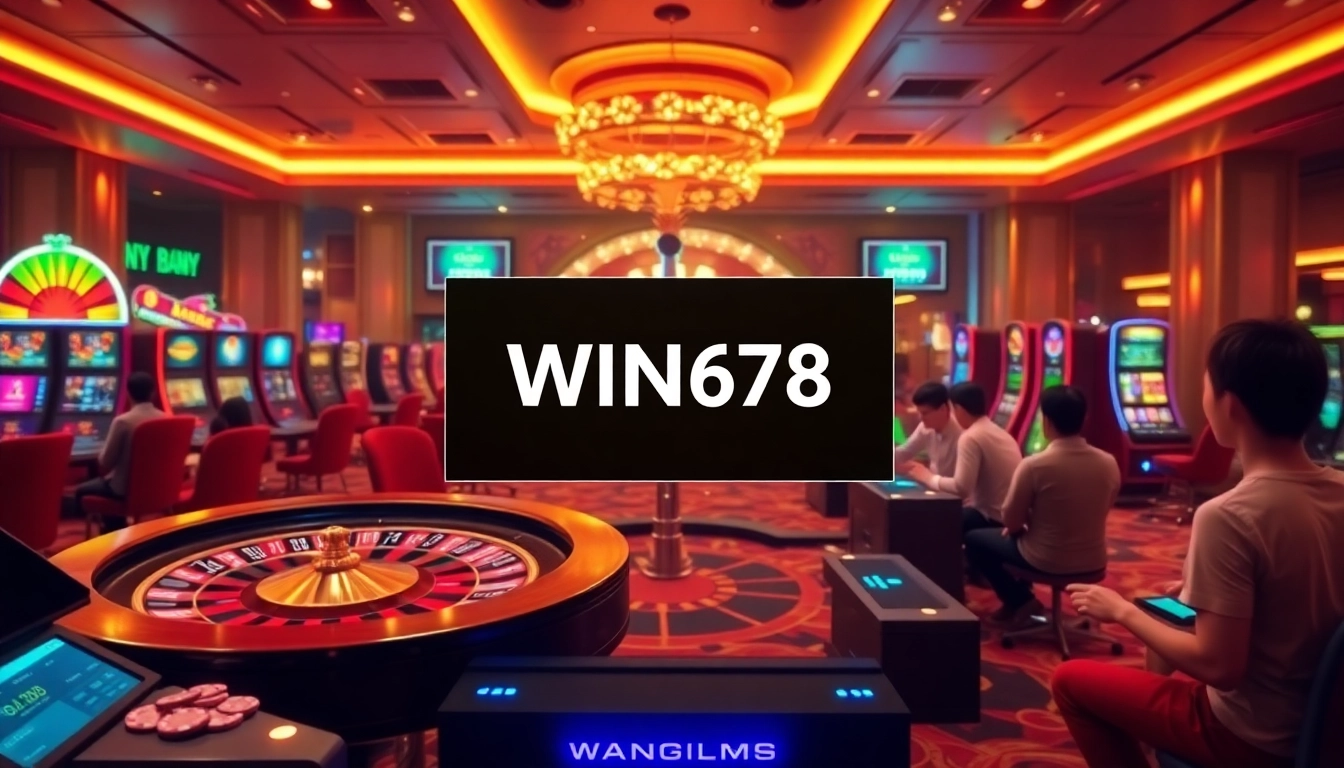 Experience WIN678 đăng nhập through an exciting casino scene featuring vibrant slot machines and roulette.