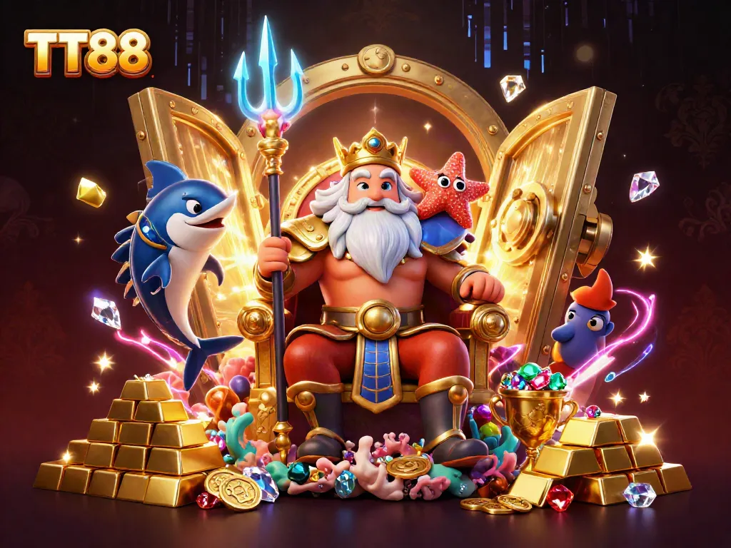 Engage with TT88's thrilling gaming world illustrated through a dynamic underwater scene filled with treasures and characters.