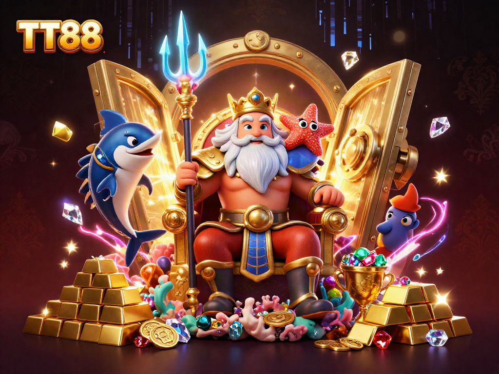 Engage with TT88's thrilling gaming world illustrated through a dynamic underwater scene filled with treasures and characters.