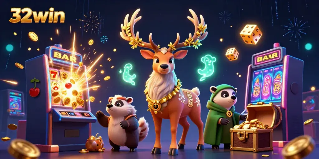 Experience 32win excitement with a vibrant illustration of slots, characters, and jackpots exploding.