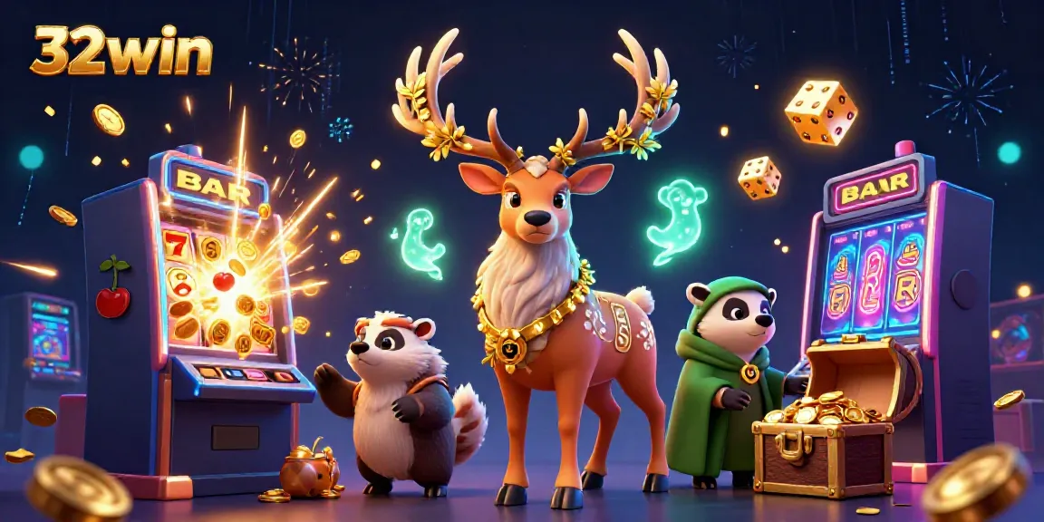 Experience 32win excitement with a vibrant illustration of slots, characters, and jackpots exploding.