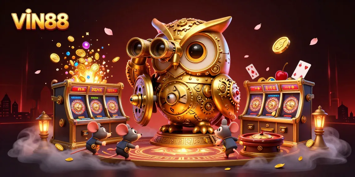 Experience the excitement of VIN88 with a rich 3D casino scene featuring dynamic game elements and animated characters.