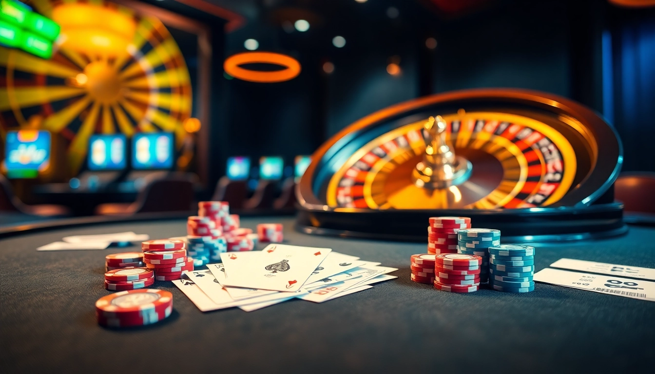 Experience the thrill of gambling at https://km88online.net/ with an elegant poker table and roulette wheel.