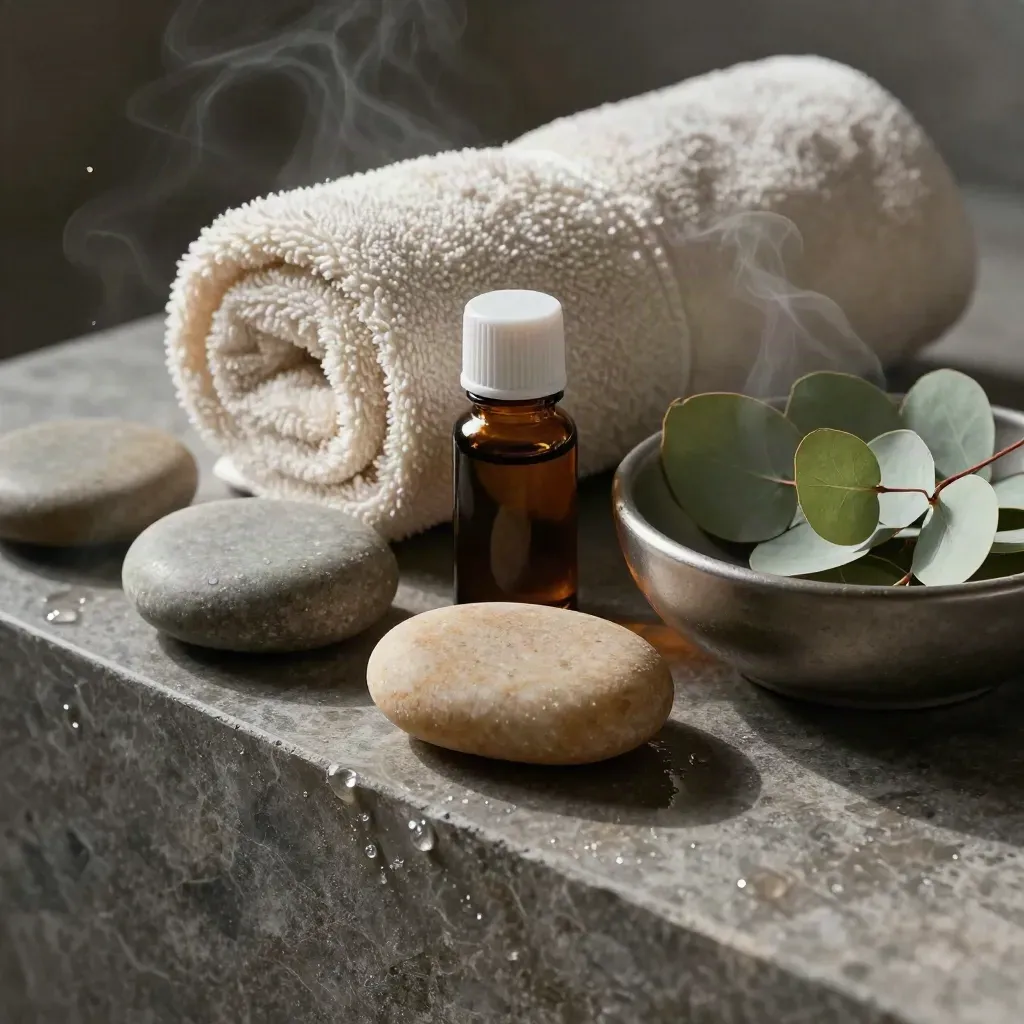 Buharlı taşlar, havlu rulosu, yağ şişesi ve okaliptüsle spa düzeni.