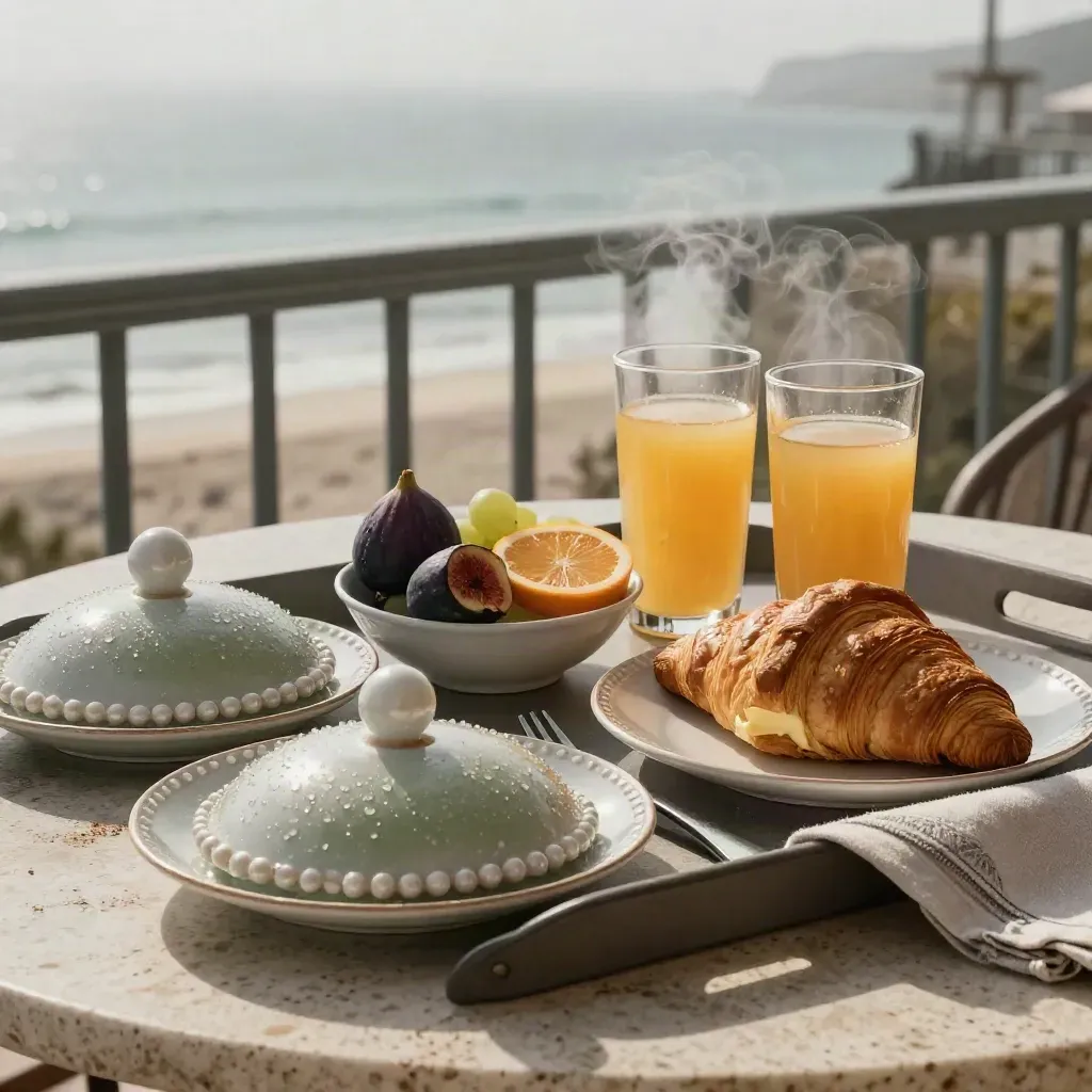 Balkon masasında buharlı çift kahvaltı tepsisi, meyve, kruvasan ve iki meyve suyu bardağı.