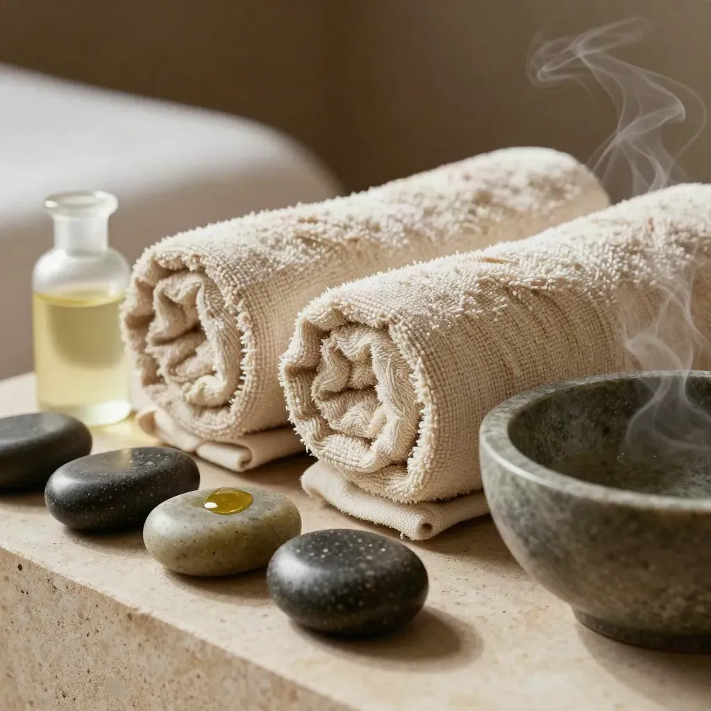 Isıtılmış taşlar, havlu ruloları ve yağ şişesiyle sakin spa düzeni.
