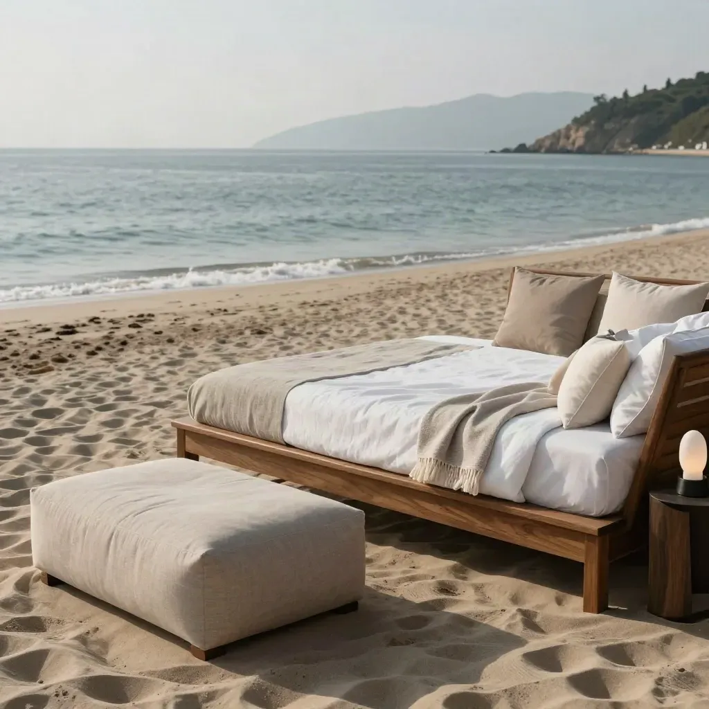 Kum terasında daybed, fenerler, minderler ve ahşap sehpalı lüks sahil lounge düzeni.