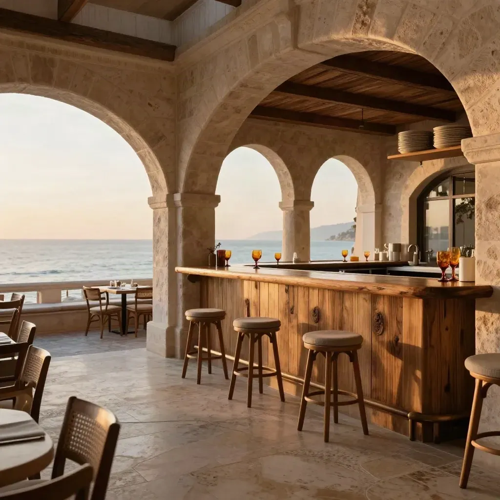 Gün batımında taş kemerli restoran terası, uzak deniz çizgisi ve sıcak ahşap dokular.