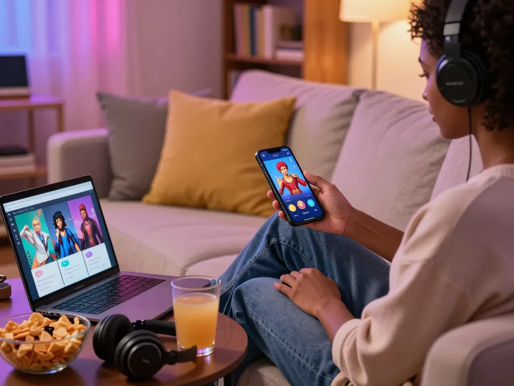 Person enjoying a crushon chat experience on a mobile device in a cozy living room setting.