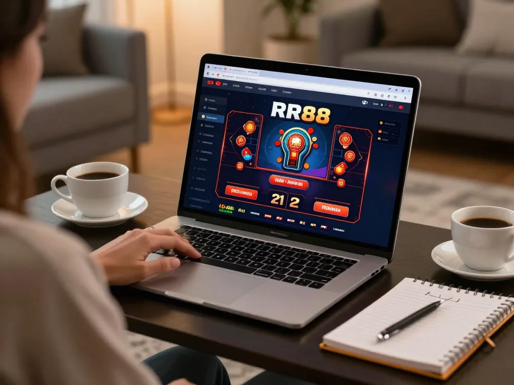 Player engaging with the RR88 online casino platform from home, showcasing cozy gaming experience