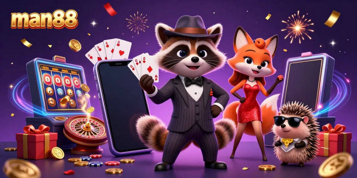 Engage with man88's exciting casino atmosphere featuring a suave raccoon and glamorous fox in a vibrant scene.