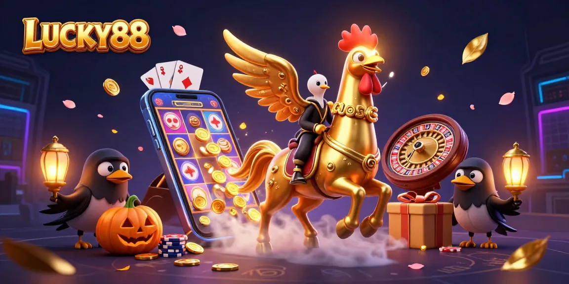 LUCKY88 invites gamblers to engage in a vibrant casino experience with golden rooster and dynamic elements.