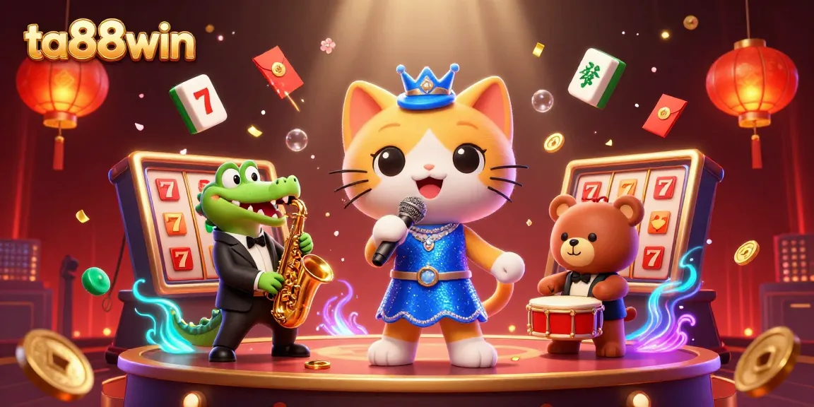 Engage with the vibrant atmosphere of ta88win's casino scene featuring a cartoon jazz-singer cat and festive decorations.