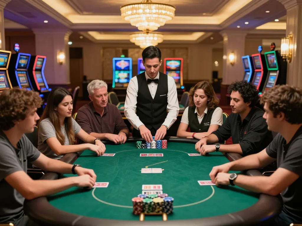 33win players engaged in a dynamic high-stakes poker game with chips and cards at an upscale casino table