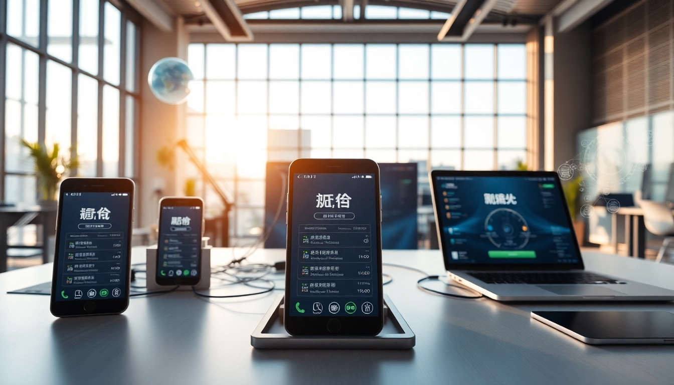 快连官网 application displayed on various devices in a modern tech workspace, highlighting global network solutions.