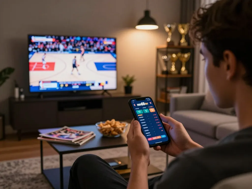 Person engaging in sports betting with smartphone while watching NBA game on TV at home, enjoying mm88star experience.