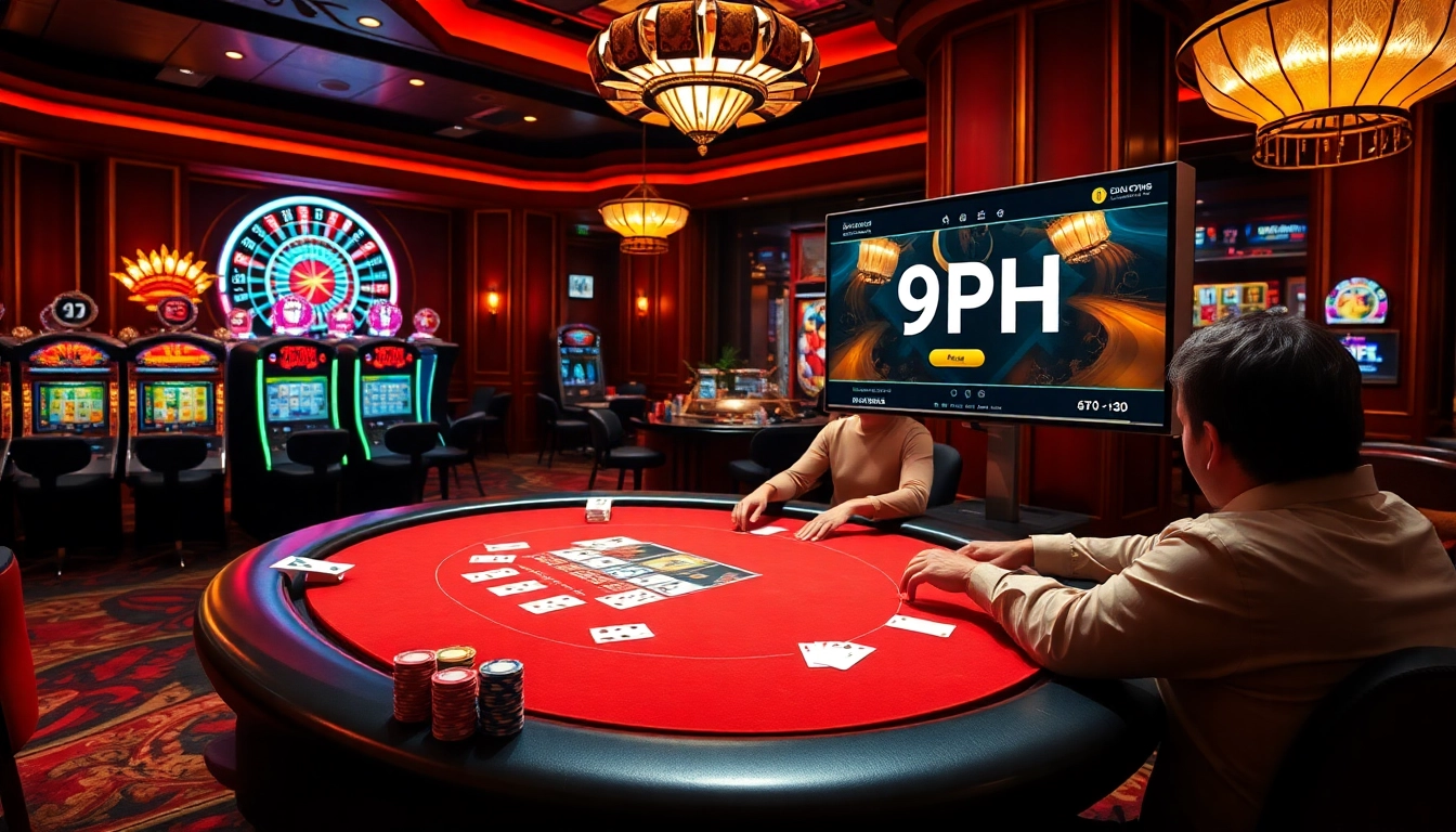 Experience the thrill of winning at 9PH casino with vibrant slot machines and poker tables.
