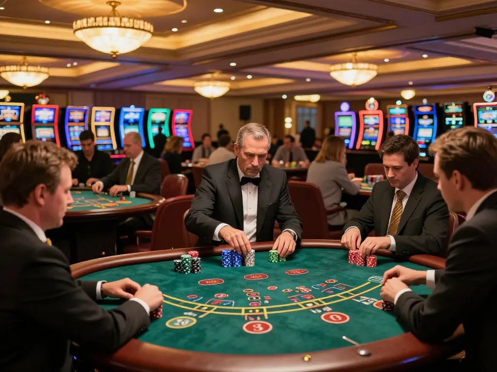 Players enjoying blackjack at tr88 com in an upscale casino, vibrant atmosphere and excitement.