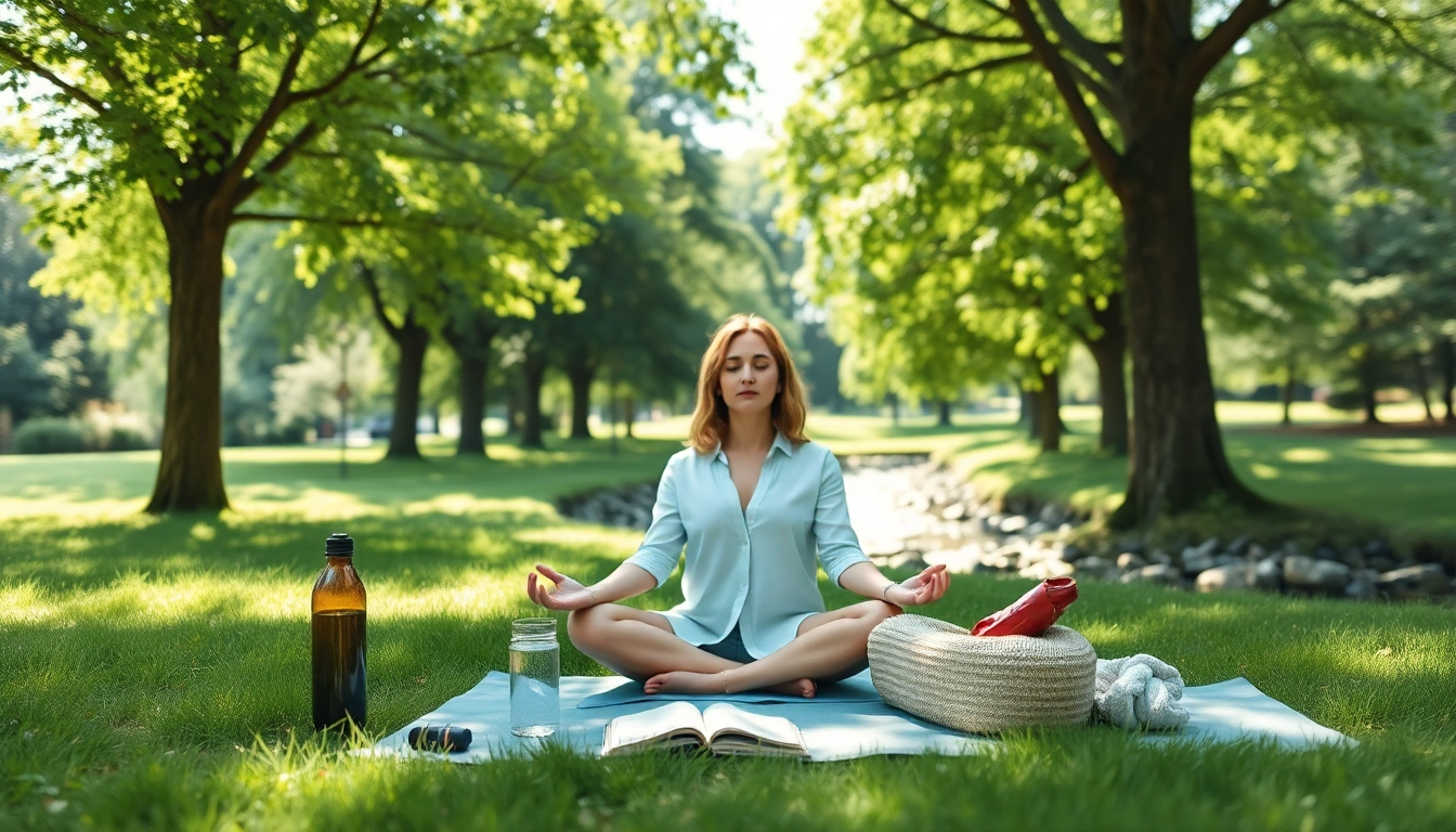 Managing stress and anxiety through serene outdoor meditation with a wellness coach.