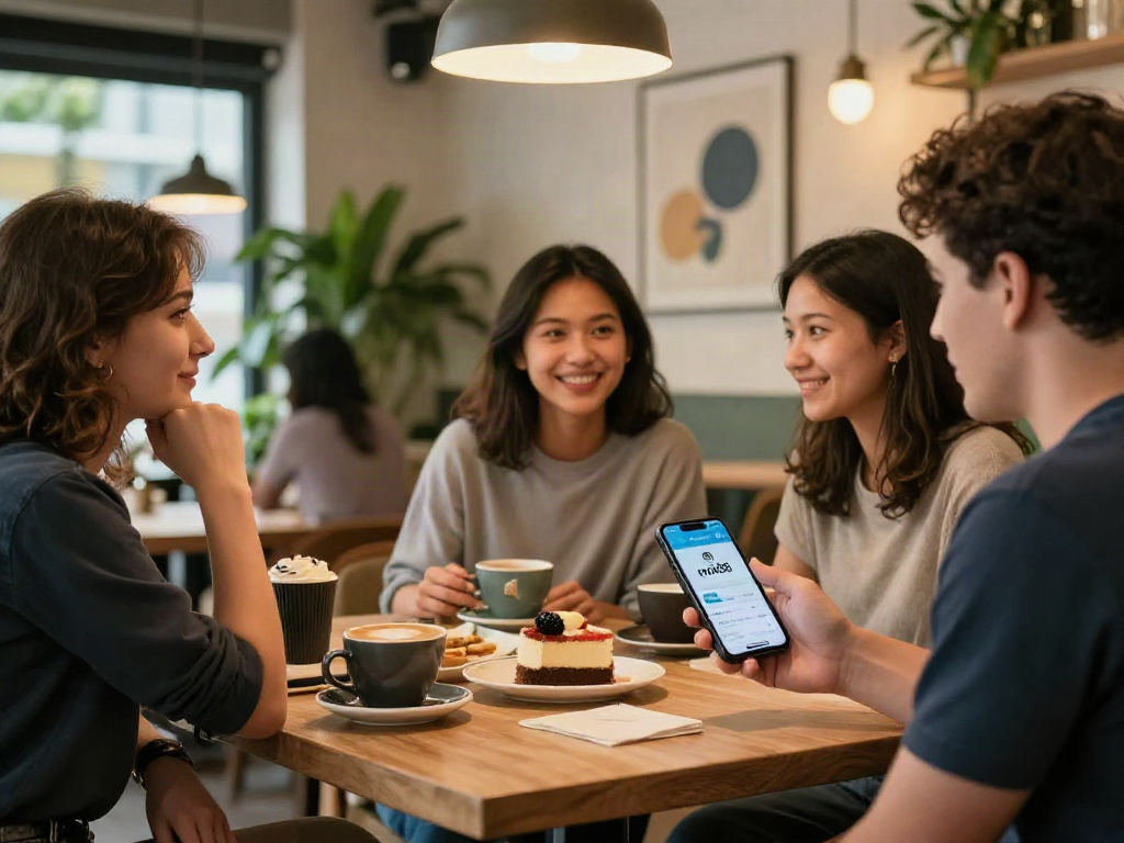 Social gathering at a café with friends exploring the rokok88 app.
