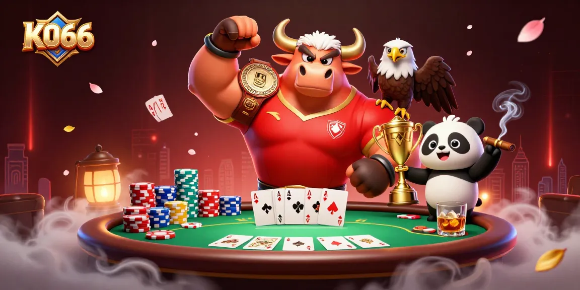 KO66 showcases a vibrant scene with a bull mascot celebrating, surrounded by poker elements and festive details.