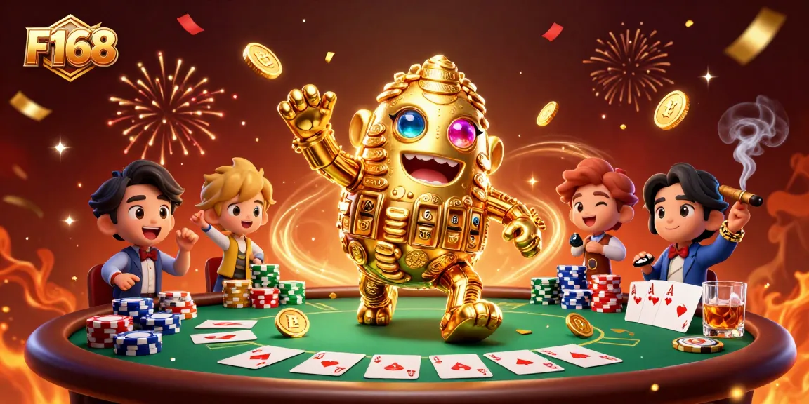 Experience the excitement of F168 with dynamic casino elements and a golden golem centerpiece.