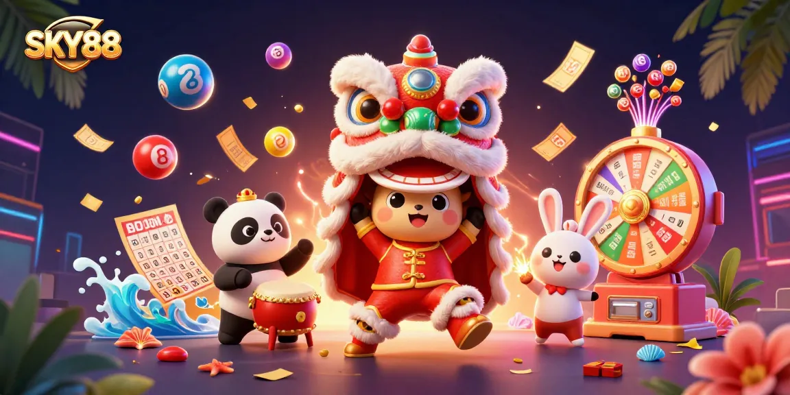 Experience thrilling gameplay at SKY88 with vibrant, animated characters and casino elements in a rich, festive scene.