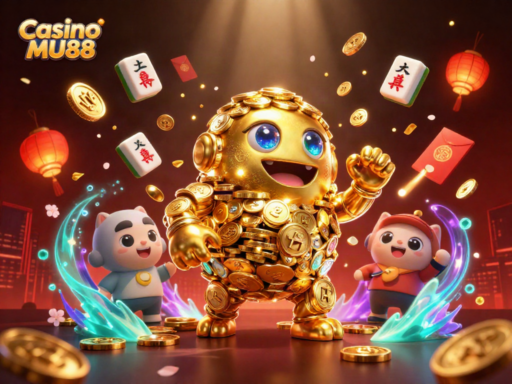 Engage with Casino MU88's immersive 3D illustration featuring lively gaming elements and a golden golem.