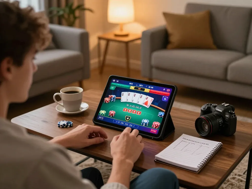 Engaging in online poker gameplay at home with sapporo-dogscafe-themed decor, strategic focus visible.