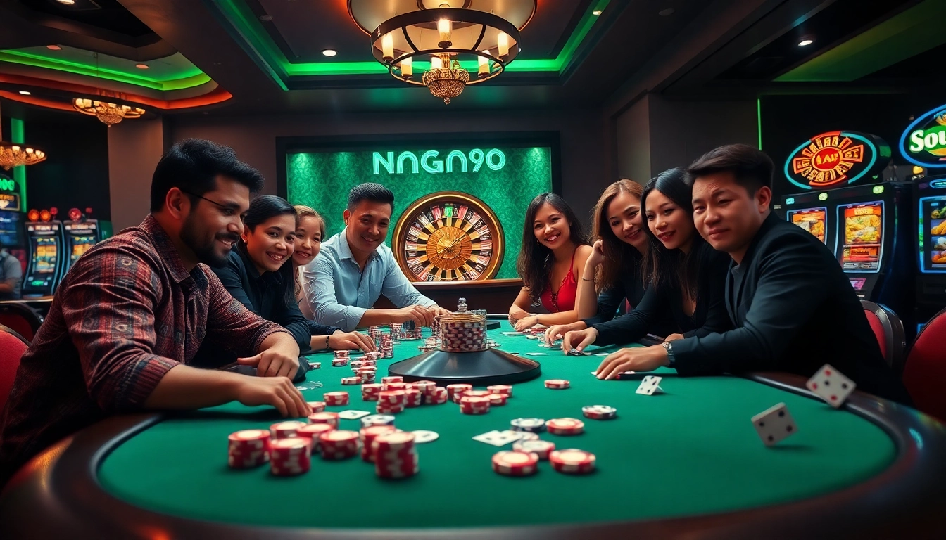Naga99 players engaged in an exciting poker game, highlighting casino excitement and strategy.