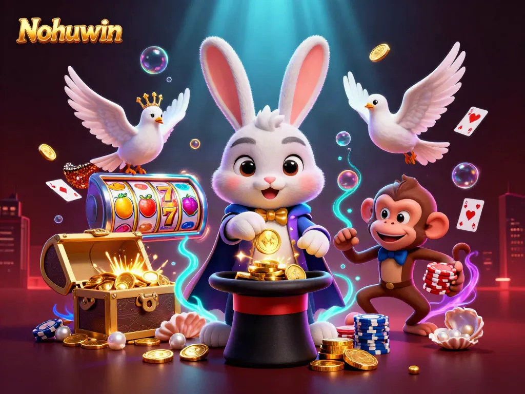 Nohuwin's vibrant scene showcases a magician rabbit with coins, a dove, and a monkey amidst slot symbols and cards.