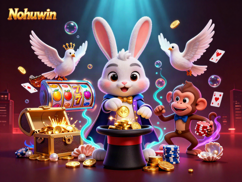 Nohuwin's vibrant scene showcases a magician rabbit with coins, a dove, and a monkey amidst slot symbols and cards.