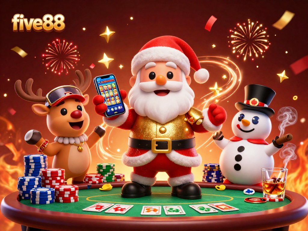 Engage with five88's exciting jackpot experience featuring Santa, a reindeer dealer, and a poker chip snowman.