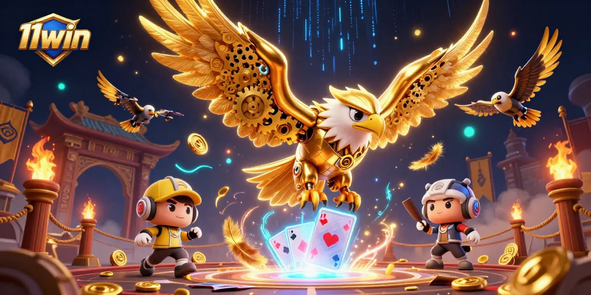 Engage in thrilling gameplay with 11win's dynamic 3D illustration showcasing a golden eagle amidst holographic cards.