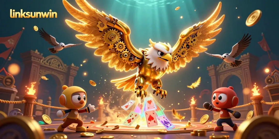 Experience thrilling gameplay with linksunwin's gold coins and holographic cards in a vibrant casino scene.