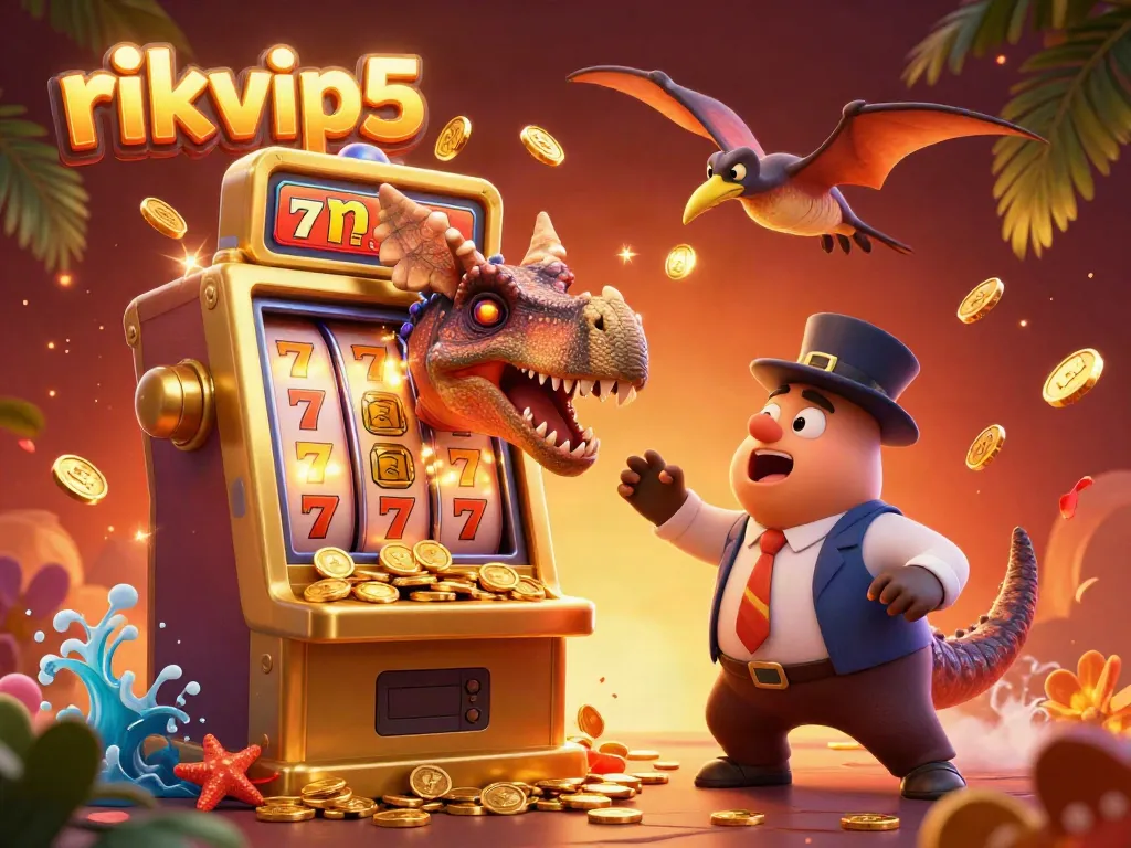 Enjoy the excitement at rikvip5 with a pachycephalosaurus hitting a slot machine for a jackpot