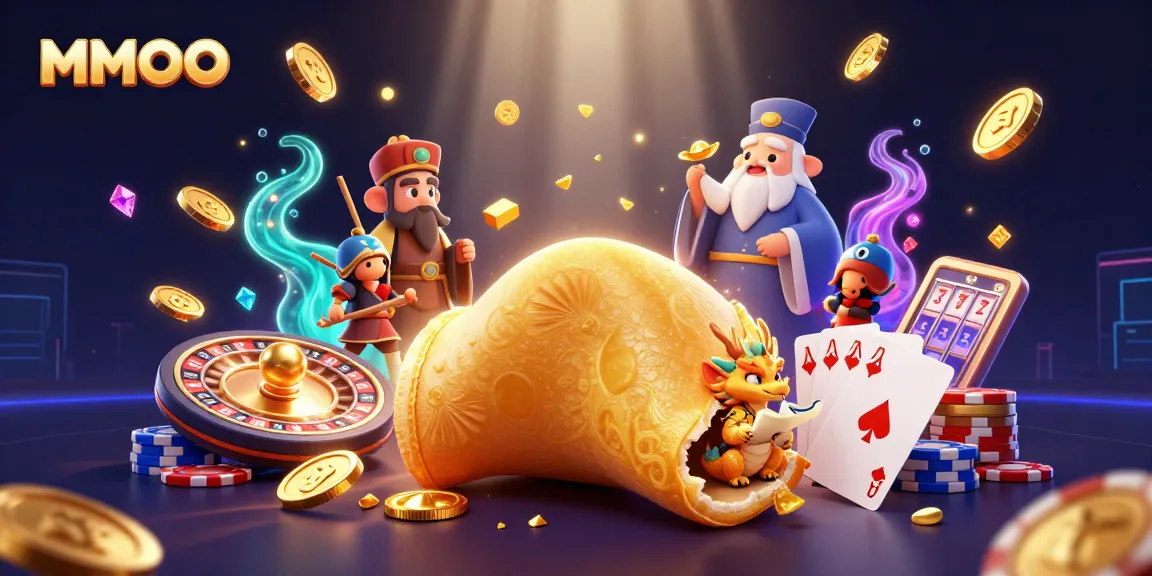 Experience MMOO excitement with a dynamic scene filled with golden wins and casino elements.