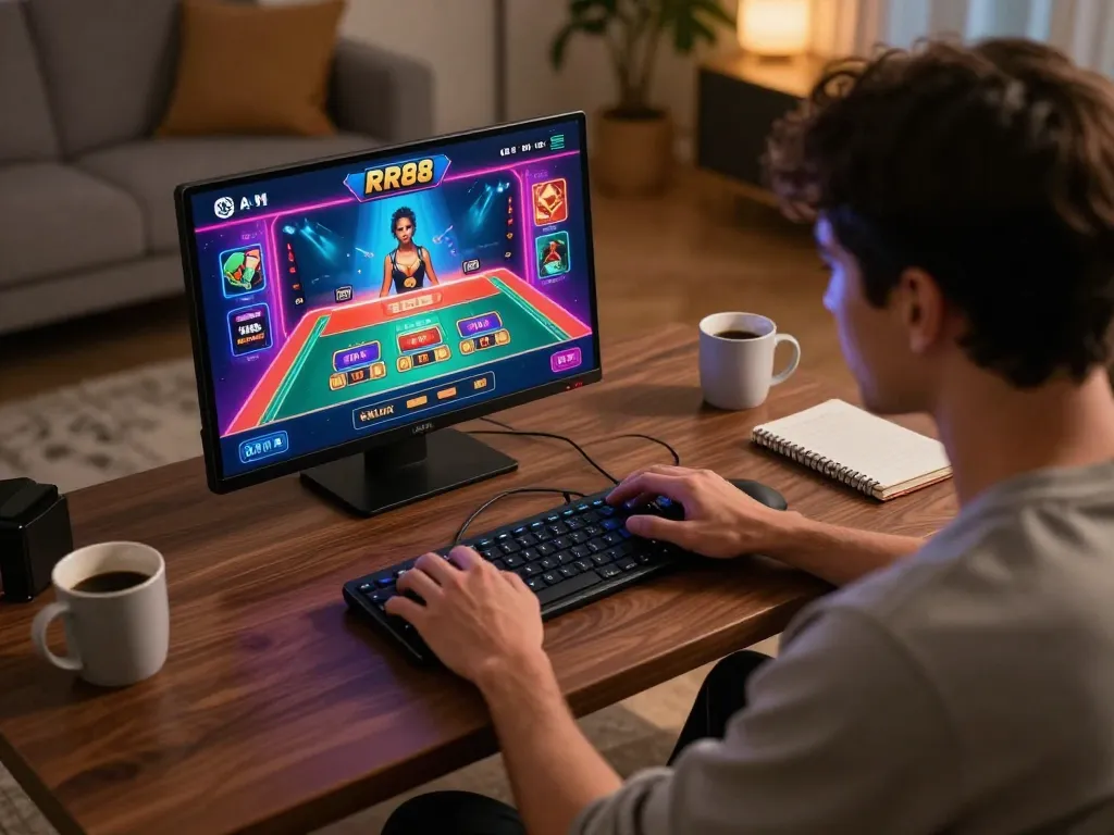 Player utilizing RR88 for online gambling in a comfortable home setting, showing engagement and strategic gameplay.