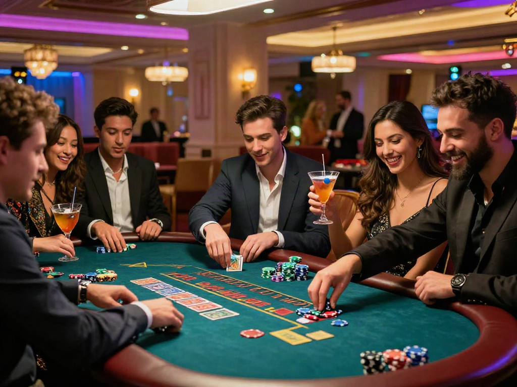 Engaging casino gaming scene with friends experiencing rokok88 daftar excitement and camaraderie.