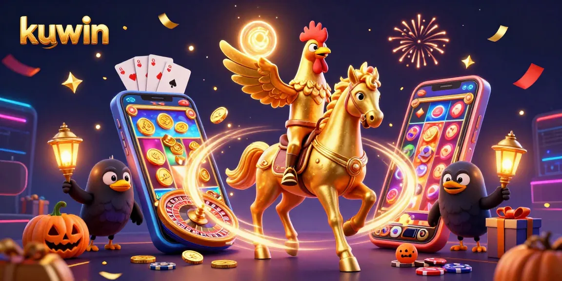 Spin vibrant slot games with kuwin's golden rooster and friends in a dazzling casino scene.