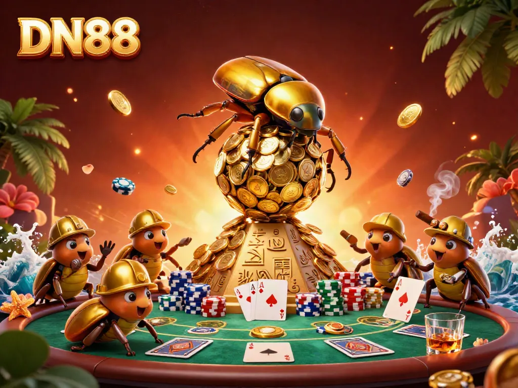 Experience the excitement at DN88 with a golden beetle rolling coins amidst vibrant casino elements in a rich illustration.